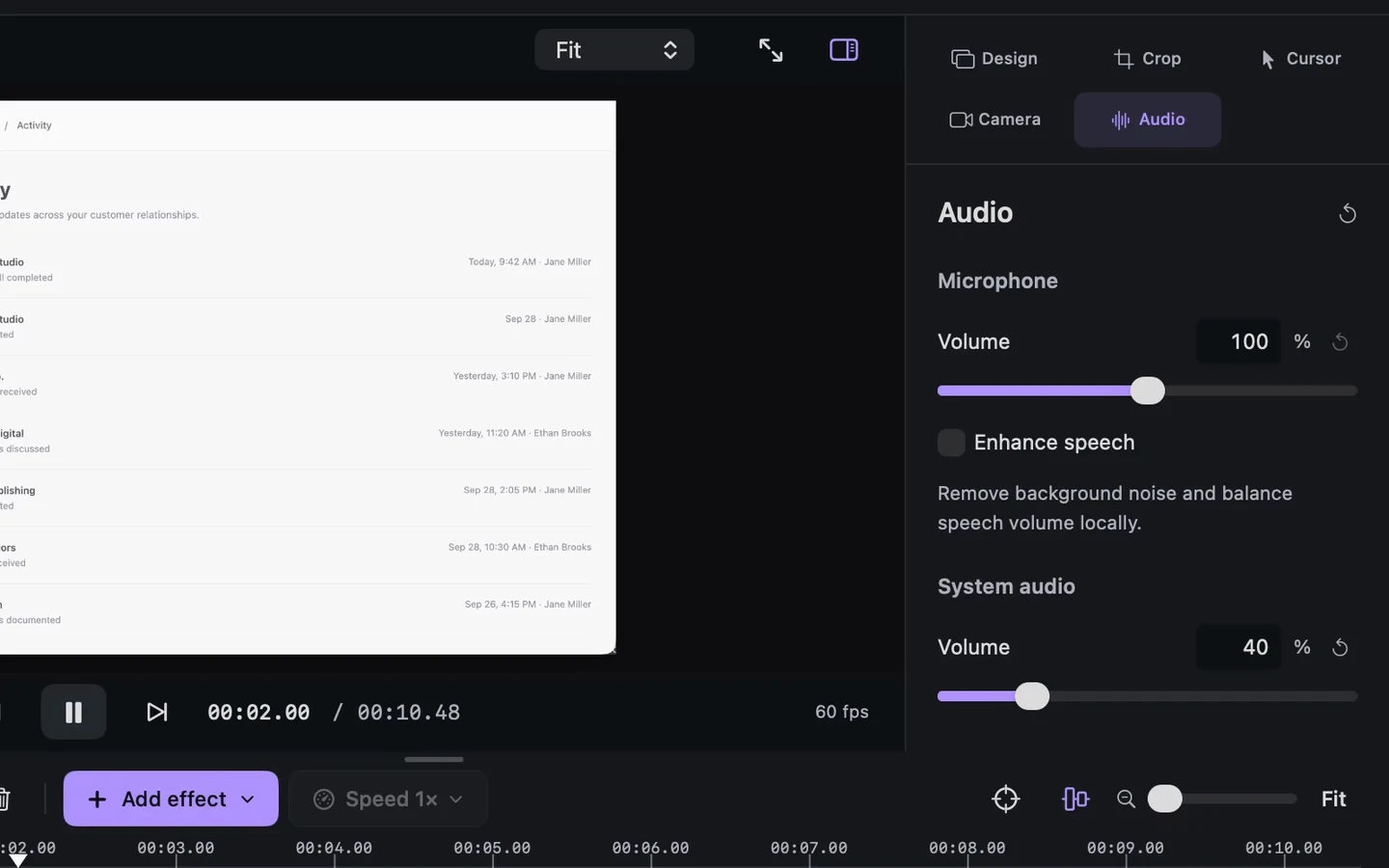 Audio inspector with separate microphone and system audio volume controls