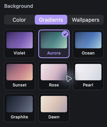 Named gradient thumbnails and the selected background checkmark in Lorivelle