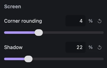 Independent Corner rounding and Shadow controls beside a styled screen recording