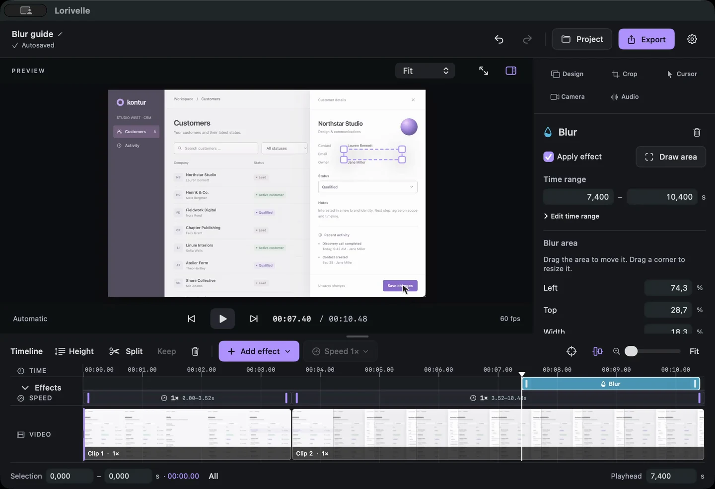 An existing blur region with move and resize handles over a customer email