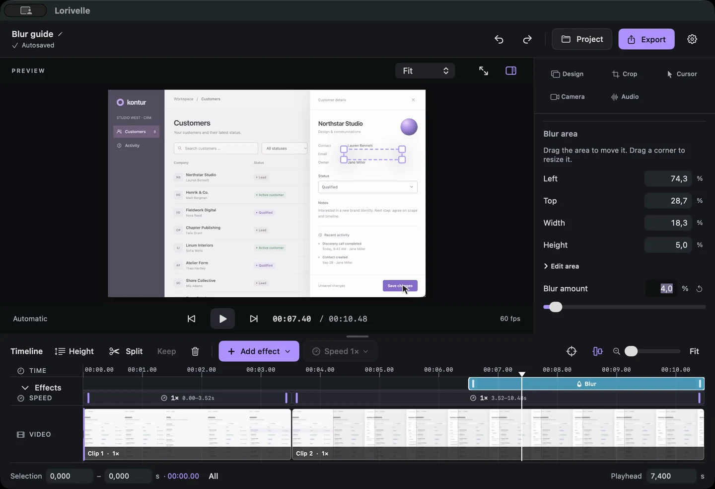 Start and end time controls for a blur in Lorivelle