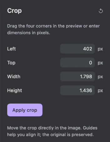 Set Left, Top, Width and Height, then apply the crop