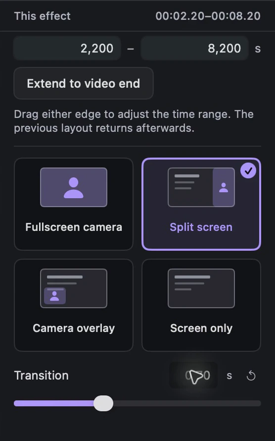 Lorivelle camera layout inspector with selection and transition duration