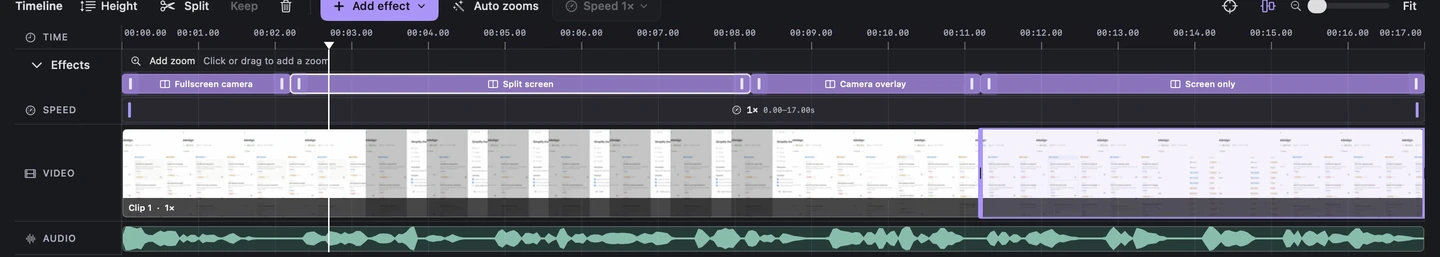 Labelled camera layout sections in the Lorivelle timeline