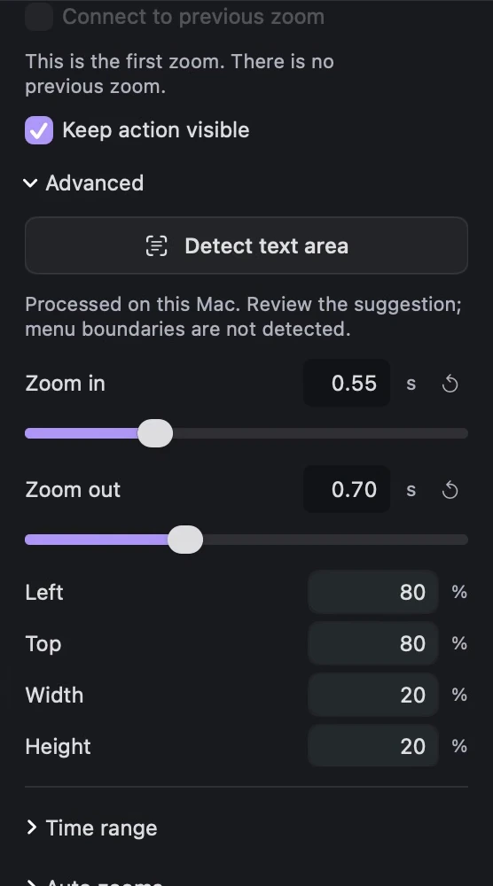 Set Zoom in and Zoom out under Advanced for the selected Zoom block