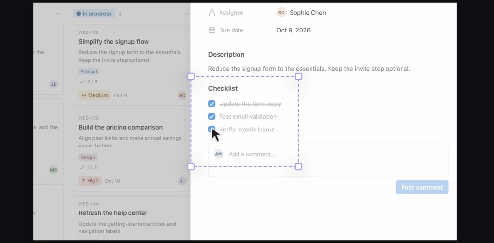 An editable focus area around the task checklist