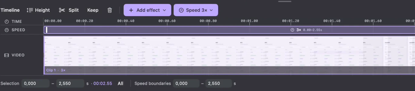 The selected section plays at 3× and has a shorter playback duration
