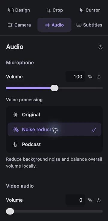 Noise reduction selected with its explanation in the Audio inspector
