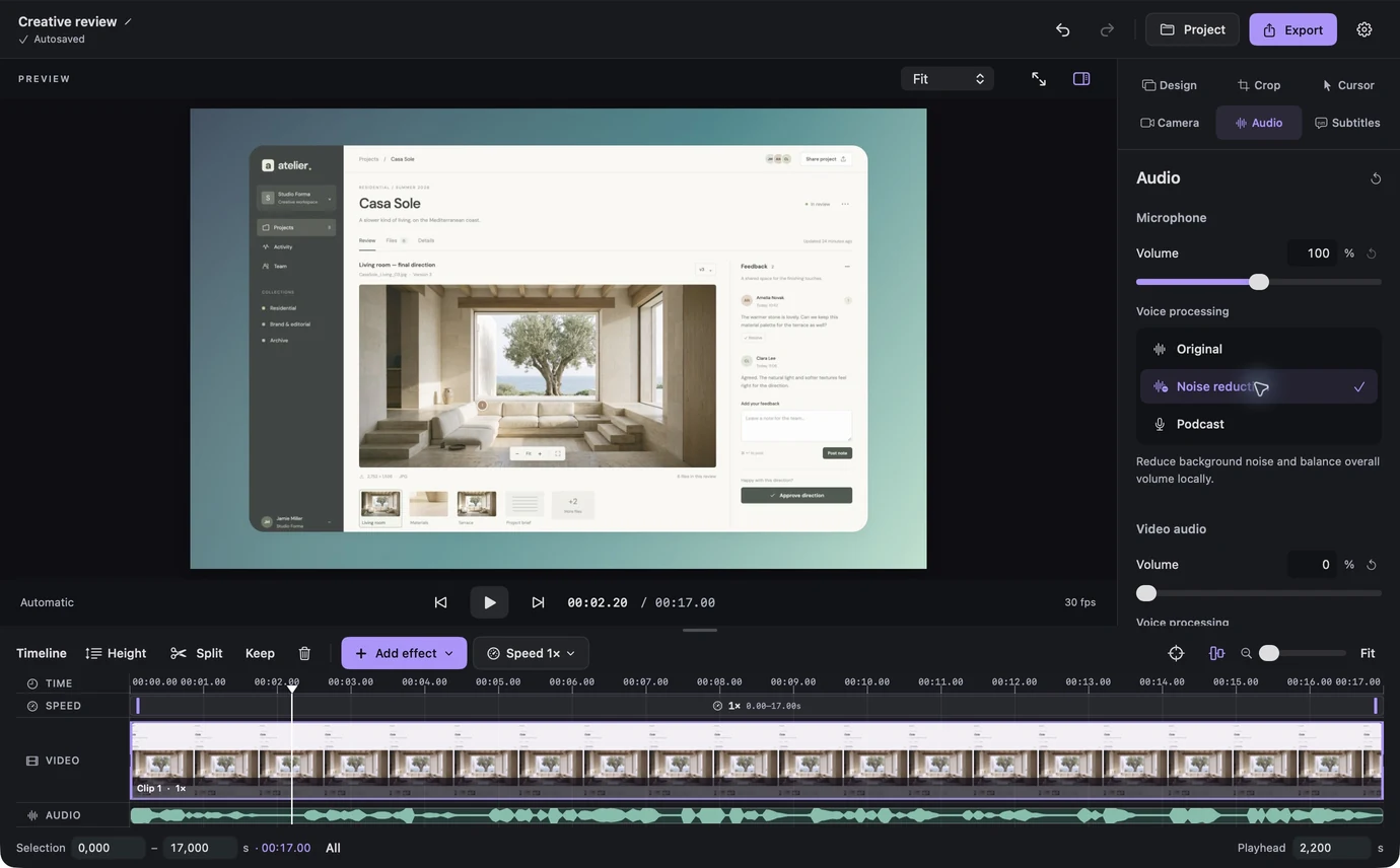 The current Lorivelle Audio inspector with separate voice processing controls