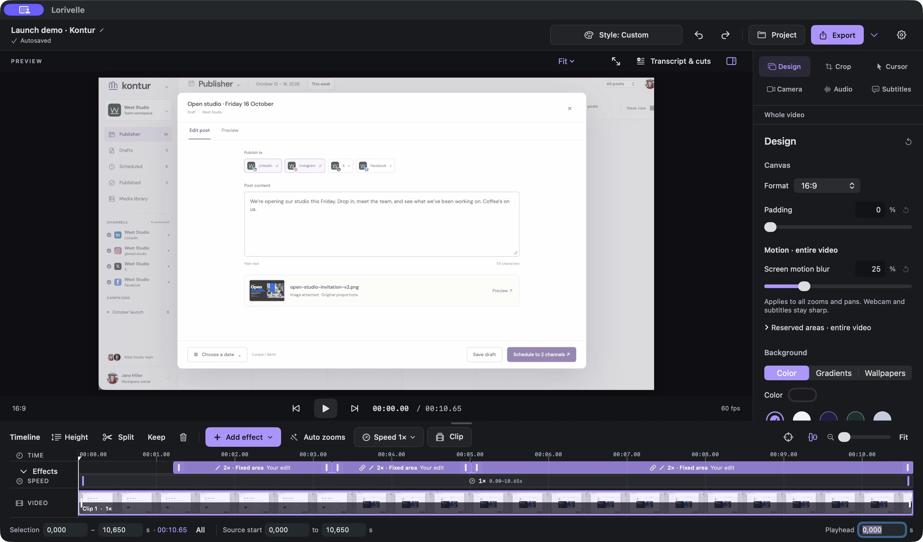 Lorivelle editor with preview, design controls and an editable zoom timeline